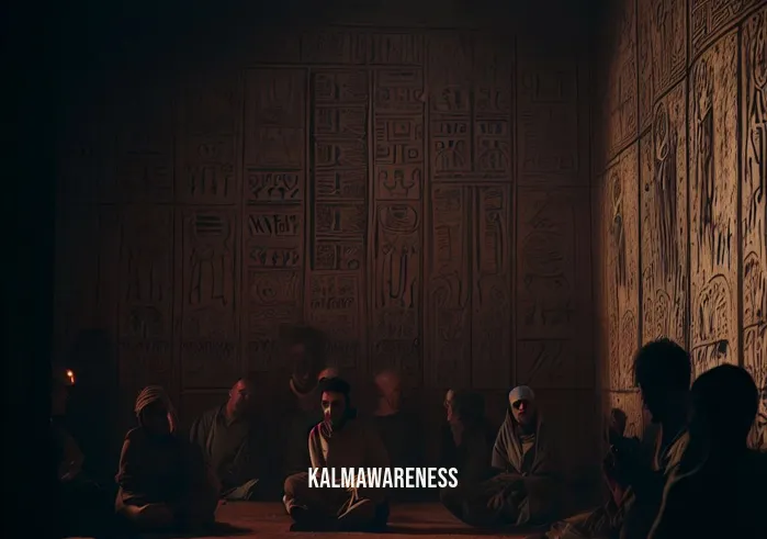 ancient kemetic meditation _ Image: A dimly lit chamber in an ancient Egyptian temple, with hieroglyphics adorning the walls. A group of people sit cross-legged on the floor, looking restless and anxious.Image description: Inside an ancient temple, meditators gather in a dimly lit chamber adorned with hieroglyphics. Their faces show restlessness and anxiety as they prepare for meditation.
