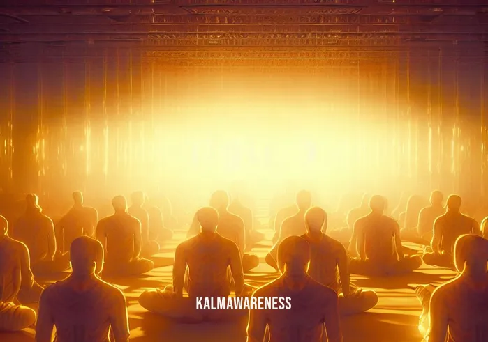 ancient kemetic meditation _ Image: The chamber is now bathed in a warm, golden light, and all the meditators have reached a state of profound tranquility. Their faces are radiant with inner peace.Image description: Golden light bathes the chamber as all the meditators achieve profound tranquility. Their faces glow with inner peace and serenity.