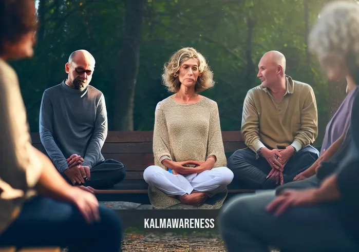 10 minute positive meditation _ Image: The woman on the park bench, now surrounded by a group of people practicing meditation, all sitting in a circle.Image description: The woman on the park bench is joined by a diverse group of individuals, all sitting in a circle around her. They are engaged in a guided meditation session, finding peace and connection amidst the natural surroundings.