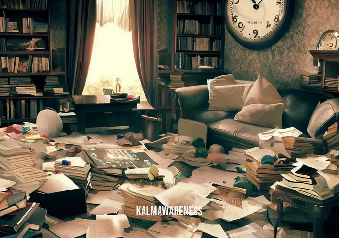 30 minute meditation timer _ Image: A cluttered and chaotic living room with scattered books, papers, and a clock displaying a busy schedule.Image description: The living room is filled with disarray, symbolizing a hectic and stressed environment.