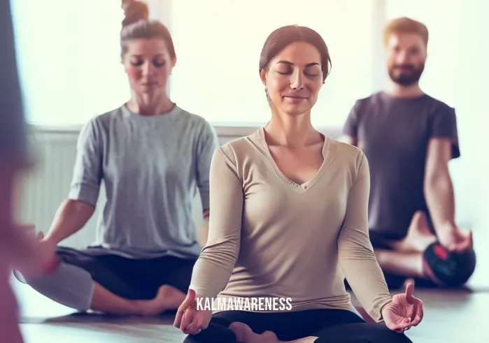 a mindful state _ Image: A yoga class with people in various poses, guided by an instructor, their faces serene and focused.Image description: Participants in a yoga session, embodying mindfulness through controlled movements and deep breathing.