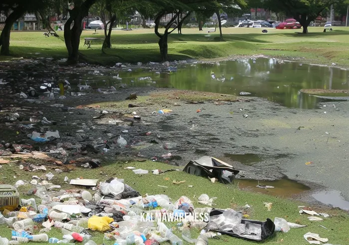appreciation of nature _ Image: A park with litter strewn across the grass and a polluted pond. Image description: The park appears neglected, with trash scattered around, and the once-clear pond is now murky and contaminated.