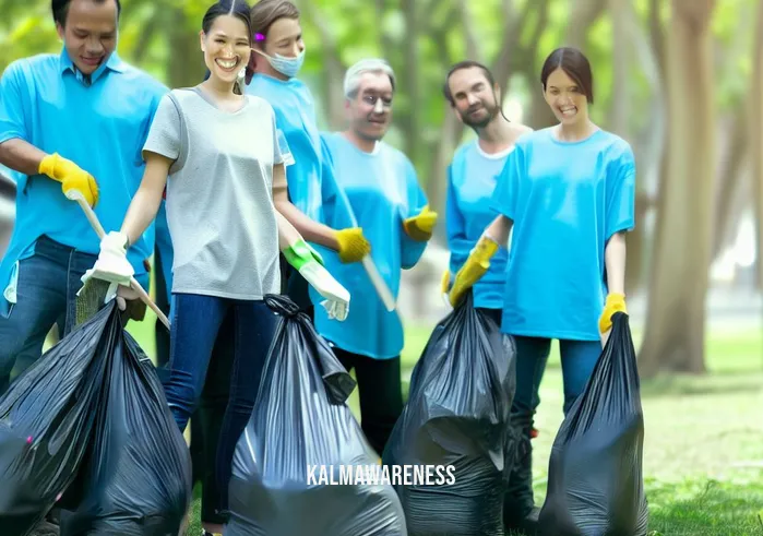 appreciation of nature _ Image: A group of volunteers, armed with trash bags and gloves, cleaning up the park. Image description: Dedicated volunteers are actively working together to clean up the park, showing a strong commitment to revitalizing the environment.