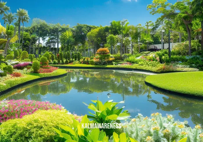 appreciation of nature _ Image: A revitalized park with vibrant greenery and a sparkling, clean pond. Image description: The park has been transformed, with lush green plants, blooming flowers, and a pristine pond reflecting the blue sky.