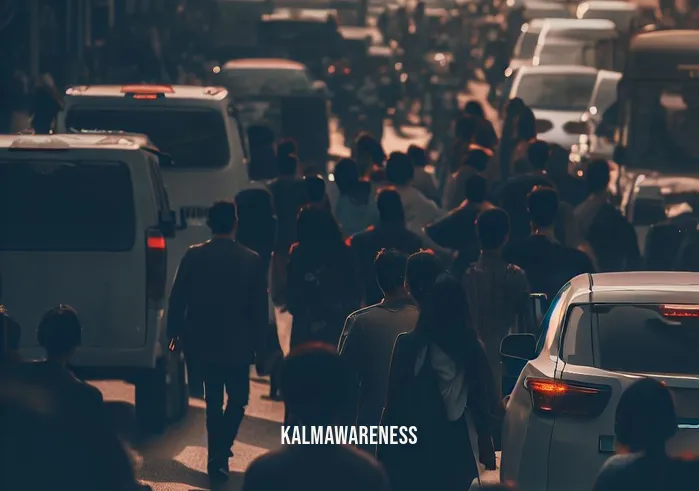 at the present _ Image: A crowded city street during rush hour. Image description: Pedestrians and vehicles jammed in traffic, people looking frustrated.