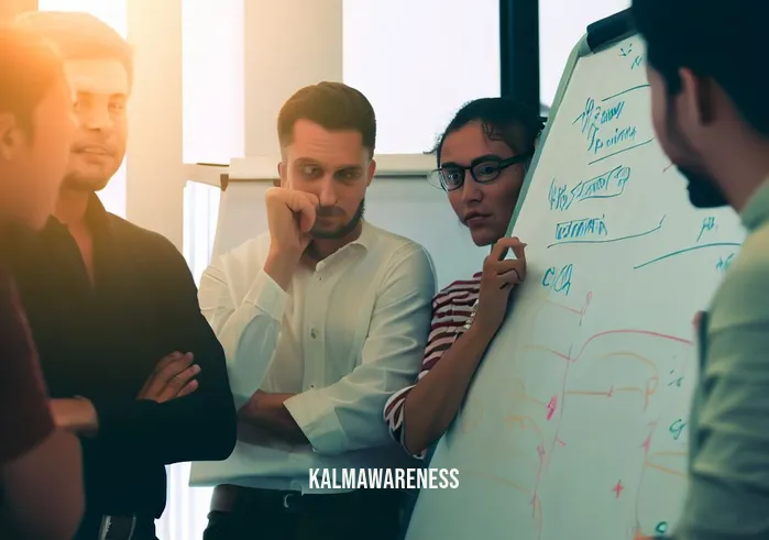 at the present _ Image: A group of people gathered around a whiteboard in an office. Image description: Employees brainstorming ideas, expressions show concern and uncertainty.