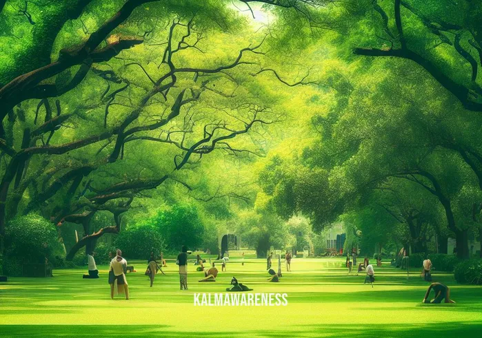 breath images _ Image: A serene park with a lush green canopy of trees, a few people practicing yoga, and others strolling peacefully. Image description: A tranquil oasis in the heart of the city, where individuals find solace and take deep breaths in nature