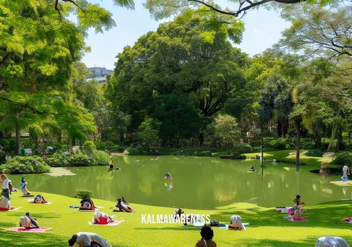 breathe magazine _ Image: A serene park with a small pond and lush greenery, offering a peaceful contrast to the chaotic city.Image description: Families and individuals practicing yoga and meditation on the grass. Some are doing deep breathing exercises, finding solace in nature.