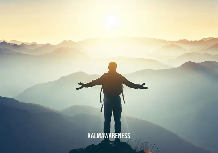 breathe magazine _ Image: A person on a mountaintop, looking out at a breathtaking sunrise, surrounded by pristine nature.Image description: A hiker stands with arms outstretched, taking in the crisp, clean air of the mountains, symbolizing a newfound connection with nature and inner peace.