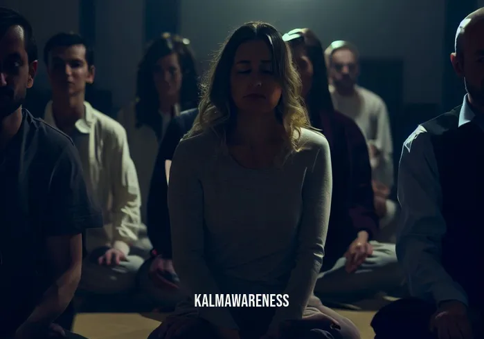 breathing into your balls _ Image: A crowded yoga studio, dimly lit, with people sitting cross-legged, looking tense and stressed.Image description: A group of people, mostly in work attire, sitting on yoga mats, their faces displaying signs of anxiety and tension.