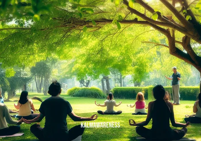 breathing into your balls _ Image: A serene park, with a yoga instructor guiding a group of people through deep breathing exercises under the shade of a tree.Image description: A group of individuals, now relaxed, sitting comfortably in a lush park, following the guidance of a serene yoga instructor.