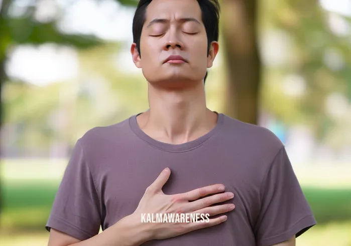 breathing into your balls _ Image: A person in the group, now with a peaceful expression, practicing deep diaphragmatic breathing with a hand on their abdomen.Image description: A calm person in the park, practicing deep breathing, their hand gently rising and falling on their abdomen as they inhale and exhale deeply.