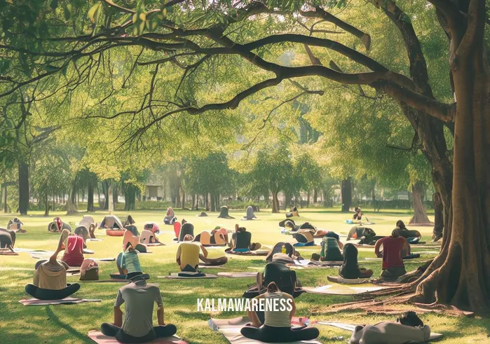 calm acronym _ Image: A serene park with people practicing yoga and meditation under the shade of trees.Image description: Outside, in a peaceful park, individuals are practicing yoga and meditation. They sit or stretch under the comforting shade of trees, finding tranquility in nature.