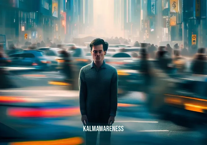 calm in cursive _ Image: A bustling city street with people rushing around, honking cars, and a person standing amidst the chaos with a furrowed brow.Image description: A crowded urban scene filled with hurried pedestrians and traffic noise, contrasting with one person seeking tranquility.