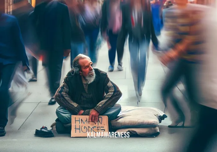circle of compassion _ Image: A bustling city street, with hurried pedestrians passing by a homeless person sitting on a cardboard mat, holding a sign that reads "Hungry and Homeless."Image description: A homeless person sits on a busy city sidewalk, their face reflecting a mix of despair and isolation, while people rush past them, seemingly indifferent to their plight.