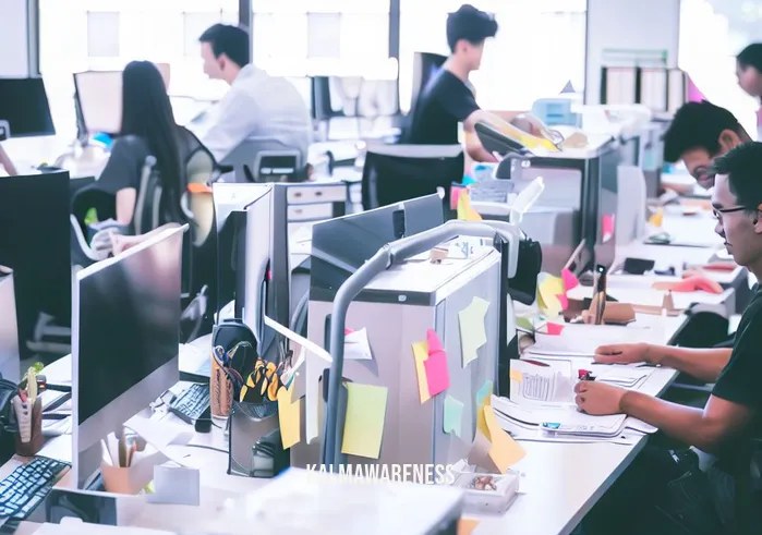 cuimhnich _ Image: Employees working diligently at their organized and tidy desks, implementing the plan. Image description: The office environment has transformed into a focused and productive workspace.
