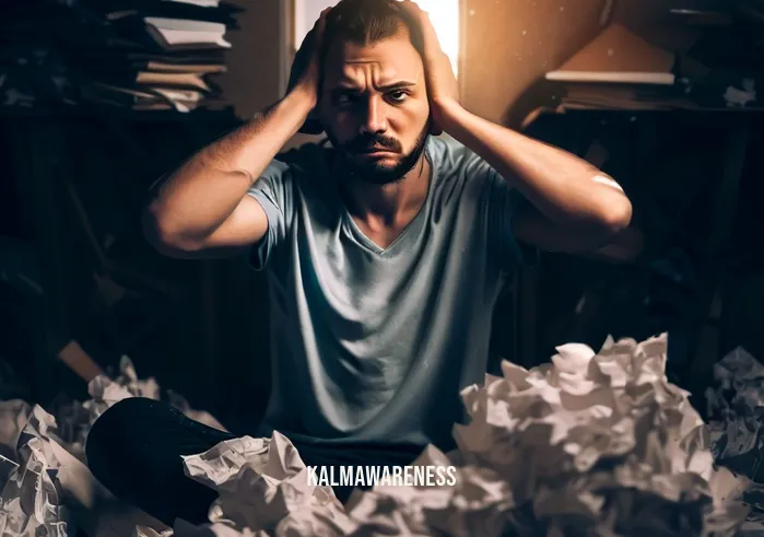 dbt loving kindness _ Image: A cluttered and chaotic room with a person surrounded by crumpled papers and a frustrated expression.Image description: In a cluttered room, a person sits amidst scattered papers, their face reflecting frustration.