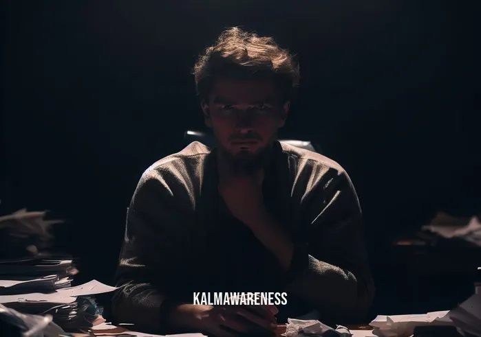 decision making meditation _ Image: A person sitting alone at a cluttered desk, surrounded by scattered papers and a furrowed brow, deep in thought.Image description: In the dimly lit room, a person contemplates a complex decision, their face reflecting the weight of the choices before them.