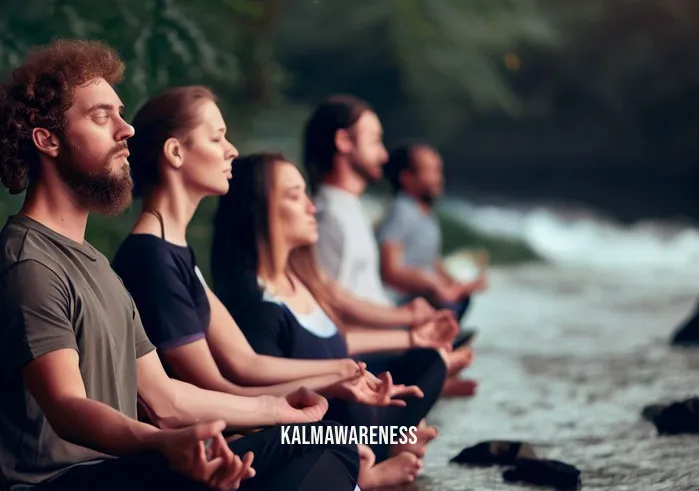 exteroceptive meditation examples _ Image: A group of people engaged in a guided meditation session, sitting cross-legged with closed eyes by a serene riverbank, as they focus on their breath and the soothing sound of flowing water.Image description: Individuals participating in a meditation session by a calm river, finding inner peace and clarity as they connect with the surrounding nature.