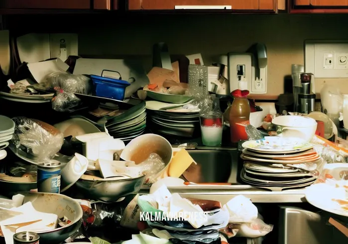 find the beauty in everyday _ Image: A cluttered, messy kitchen with dishes piled high in the sink, scattered food wrappers, and a disorganized counter.Image description: The kitchen appears chaotic, with no apparent order or cleanliness in sight.
