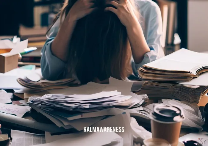 free the mind _ Image: A cluttered, chaotic desk with papers strewn about and a stressed person in front of it.Image description: A cluttered workspace with papers, books, and coffee cups scattered around. A person sits at the desk, hunched over, looking overwhelmed and stressed.