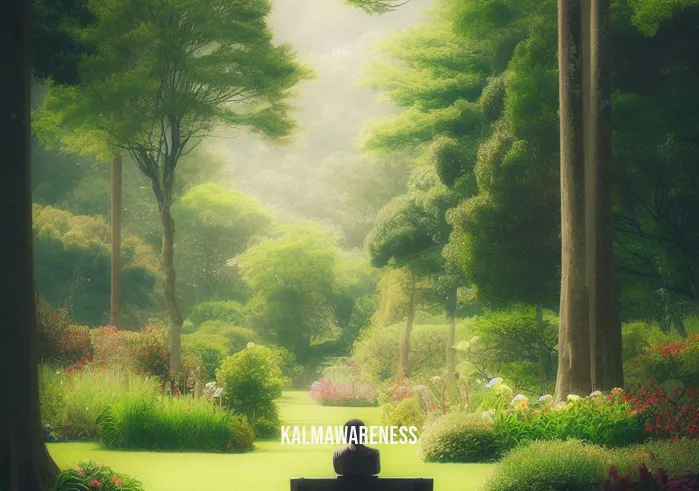 free the mind _ Image: A serene park with a person sitting on a bench, surrounded by lush greenery and a calm expression.Image description: A peaceful park scene with tall trees, vibrant flowers, and a person sitting on a bench, eyes closed, and a serene expression. Nature provides a tranquil backdrop.