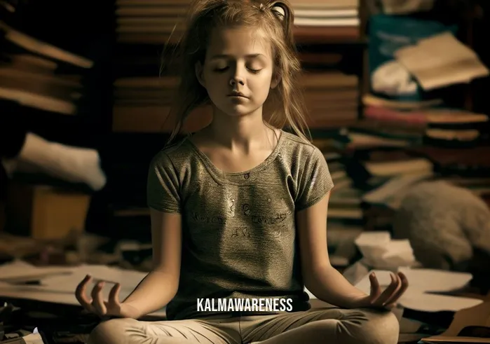 girl meditating _ Image: A young girl sits cross-legged in a cluttered and chaotic room, surrounded by scattered books and papers. Her face bears a look of stress and distraction as she struggles to find peace amid the chaos.Image description: The girl