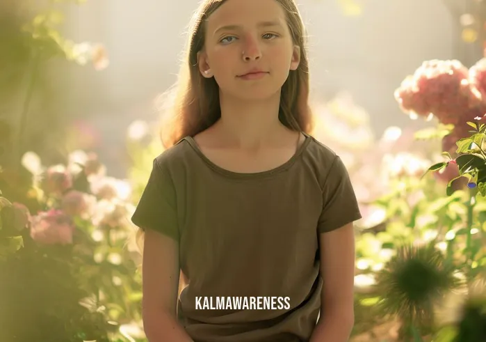 girl meditating _ Image: The same girl now sits in a serene, sunlit garden, surrounded by blooming flowers and a gentle breeze. Her face is more relaxed, and a faint smile hints at a growing sense of calm and inner peace.Image description: With her hands resting comfortably on her lap, the girl
