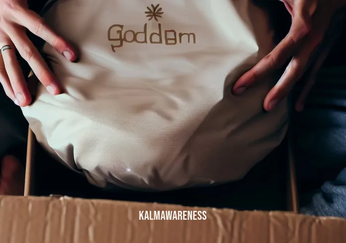 gomden meditation cushion _ Image: Unboxing a new Gomden meditation cushion with excitement and anticipation.Image description: Hands carefully unwrap a brand-new Gomden meditation cushion from its packaging. The person
