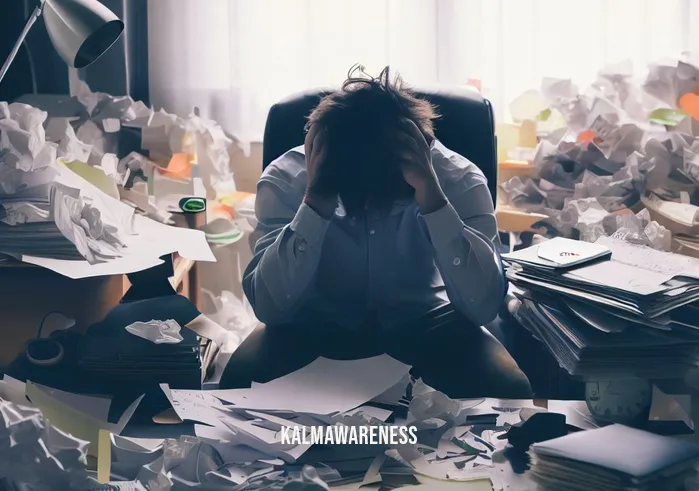 guided meditation for clarity and guidance _ Image: A cluttered desk with scattered papers and a stressed person sitting amidst the chaos.Image description: A person sits at a cluttered desk, surrounded by scattered papers and a disorganized workspace, looking overwhelmed and stressed.