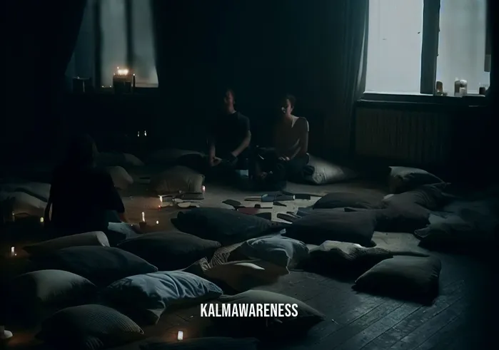 intimate meditation _ Image: A dimly lit room with scattered cushions and candles. Image description: People sitting in scattered positions, looking anxious and distracted.