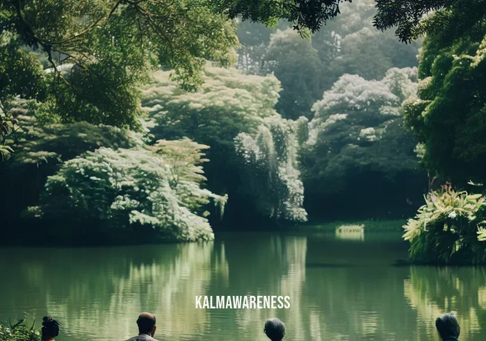 intimate meditation _ Image: A serene outdoor setting, a tranquil lake surrounded by lush greenery. Image description: Individuals sitting by the lakeside, attempting to meditate but still somewhat restless.