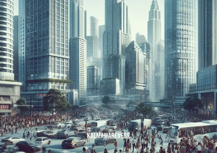 mountain mindful _ Image: A crowded cityscape with tall buildings, people rushing, and traffic jams. Image description: The bustling chaos of city life, with stress evident on people