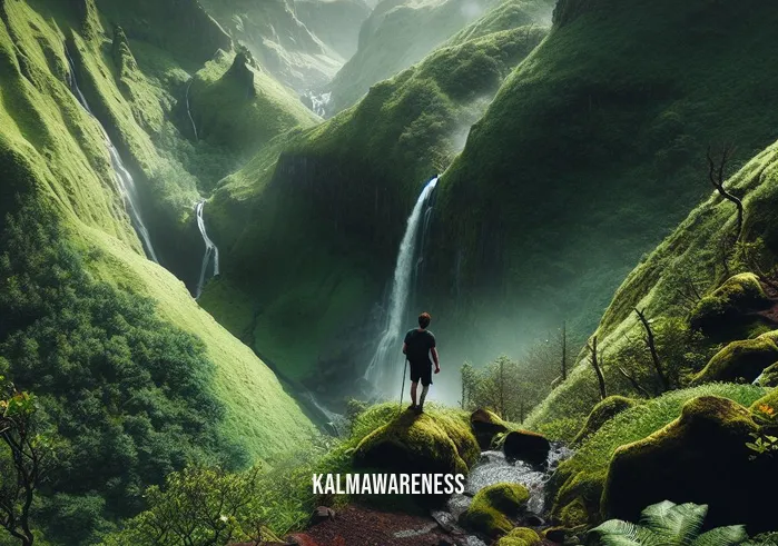 mountain mindful _ Image: The hiker halfway up the mountain, surrounded by lush greenery and a serene waterfall. Image description: Embracing nature