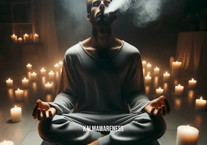 meditation for pain relief and sleep _ Image: The same person now sits cross-legged on a yoga mat, taking deep breaths with their eyes closed, as soft candlelight illuminates the serene room.Image description: The person, now seated on a peaceful yoga mat, practices deep breathing with closed eyes, bathed in the gentle glow of candles.