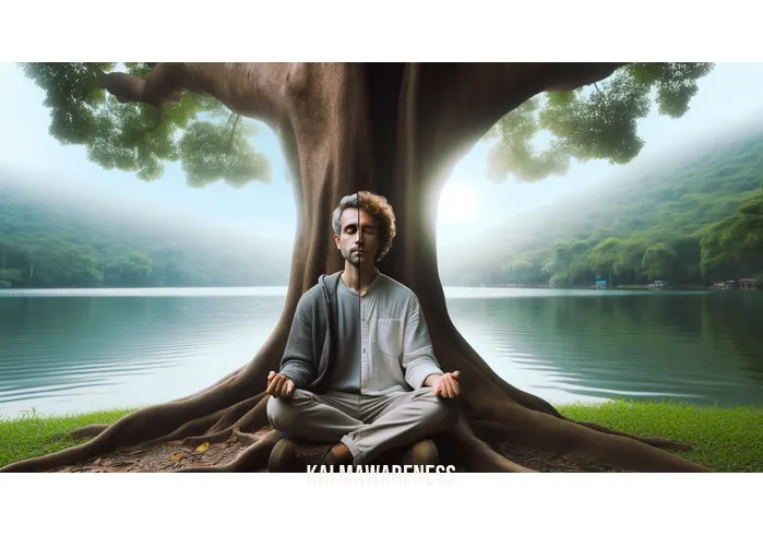 meditation for pain relief and sleep _ Image: The individual practices meditation outdoors, sitting under a tree by a calm lake, the pain slowly dissipating, and a tranquil expression taking over.Image description: Underneath a serene tree beside a tranquil lake, the person continues their meditation practice, their pain gradually fading as a sense of calm washes over them.
