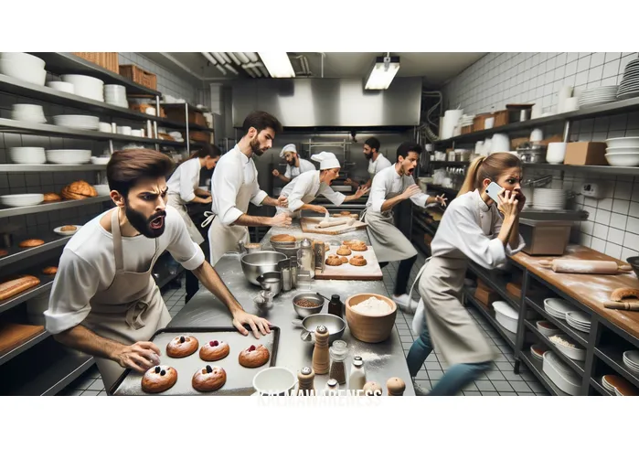 mindful baking cafe _ Image: A cluttered and chaotic bakery kitchen filled with stressed bakers rushing to meet orders.Image description: In the bustling bakery kitchen, chefs are frantically preparing pastries, their faces showing signs of stress and tension.