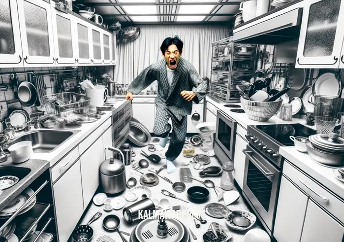 morning meditation drink _ Image: A cluttered kitchen with a disheveled person rushing around. Image description: A messy kitchen with dishes piled up, person in pajamas looking stressed.