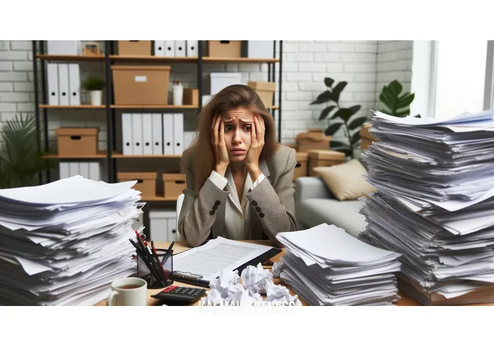 rosie osmun _ Image: A cluttered, disorganized office space with stacks of paperwork and a stressed-looking Rosie Osmun trying to make sense of it all.Image description: Rosie Osmun, overwhelmed by paperwork and a chaotic workspace, reflects the mounting problem she