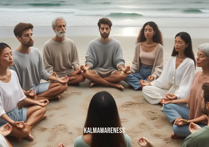 safe meditation _ Image: A diverse group of people meditating together on a serene beach, their eyes closed, and expressions relaxed as they sit in a circle.Image description: A harmonious gathering on a tranquil beach, demonstrating the power of group meditation for collective calm.