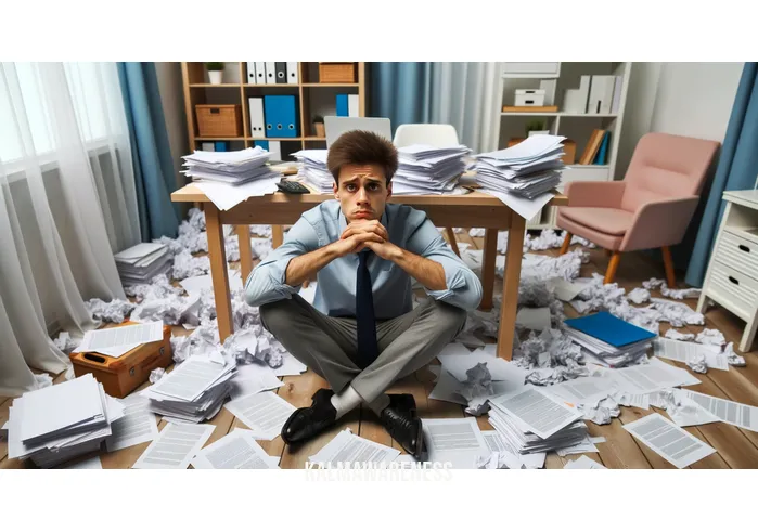 tea for meditation _ Image: A cluttered, chaotic room with scattered papers and a stressed person sitting amidst the mess.Image description: The room is in disarray, with papers strewn about, creating a chaotic environment.