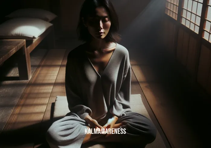 guided meditation death _ Image: A dimly lit room with a person sitting cross-legged on a cushion, their eyes closed in deep contemplation.Image description: A serene individual meditates in a peaceful environment, seeking answers about the concept of death and its implications.