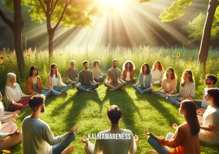 guided meditation death _ Image: A meditation circle formed by people sitting on a lush, sunlit meadow, surrounded by nature, with their hands resting on their laps, palms up.Image description: Participants engage in a guided meditation session outdoors, connecting with the natural world and exploring their thoughts on the topic of death.