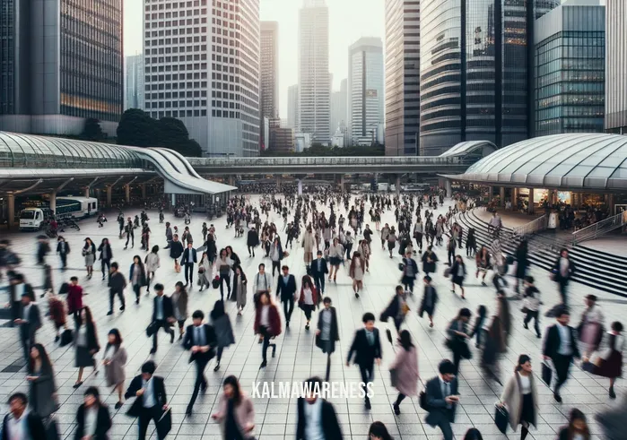 map of cultures that meditate _ Image: A crowded urban square, people rushing in all directions, stress evident on their faces.Image description: In a bustling city center, people move hurriedly, lost in the chaos of their daily lives.