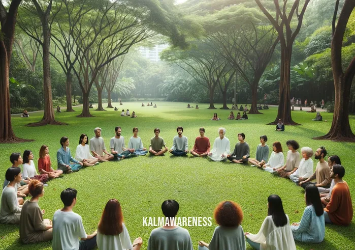 map of cultures that meditate _ Image: A serene park, a group of people sitting in a circle, eyes closed, meditating.Image description: Amidst a peaceful park, a diverse group sits in a circle, finding solace in meditation.