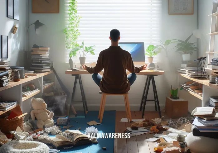 careers in mindfulness _ Image: The same desk, now organized with a serene atmosphere, a person sitting peacefully, practicing mindfulness meditation.Image description: The once chaotic desk transformed into a serene workspace for mindfulness meditation.