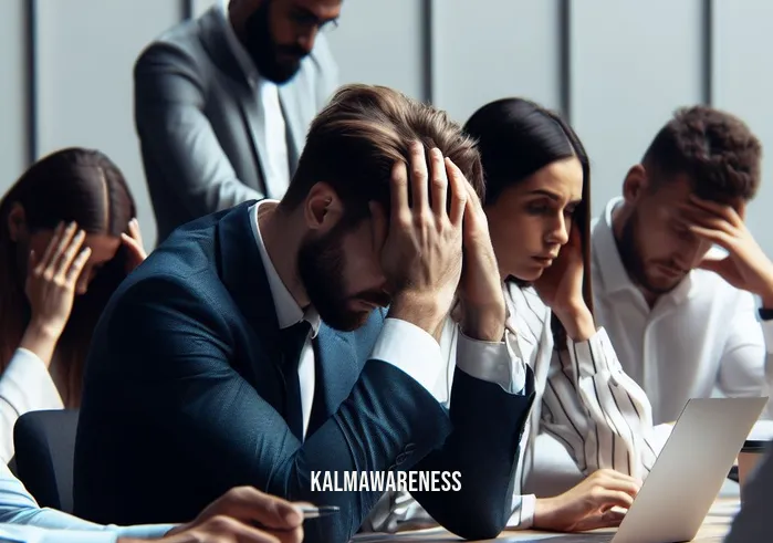 careers in mindfulness _ Image: A group of professionals in a corporate meeting, looking overwhelmed and tense.Image description: Stressed professionals in a tense corporate meeting, highlighting the need for mindfulness.