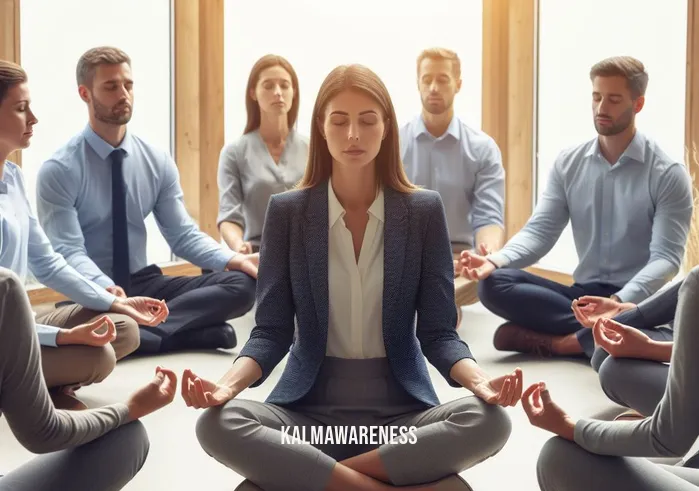 careers in mindfulness _ Image: The same group engaged in a mindfulness session, sitting in a circle, eyes closed, and visibly relaxed.Image description: Corporate professionals finding relaxation and focus through a mindfulness session.