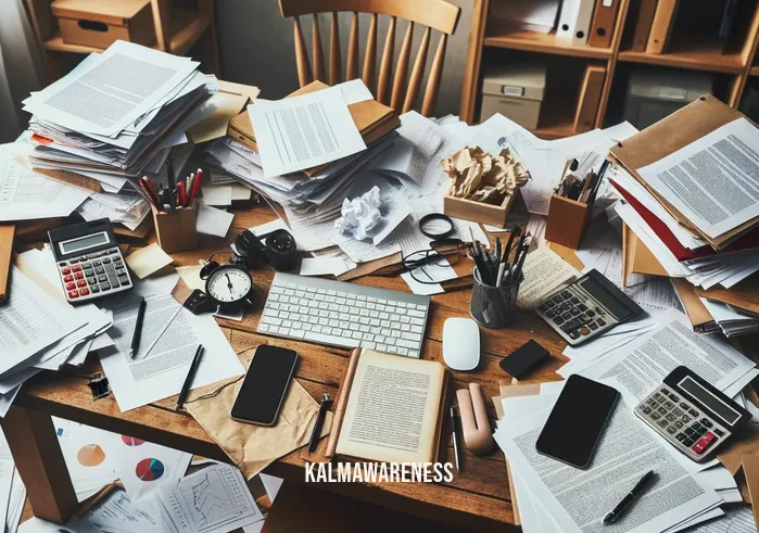 5 senses method shifting _ Image: A cluttered desk with scattered papers, a disorganized workspace. Image description: A messy desk with papers strewn about haphazardly, creating chaos.