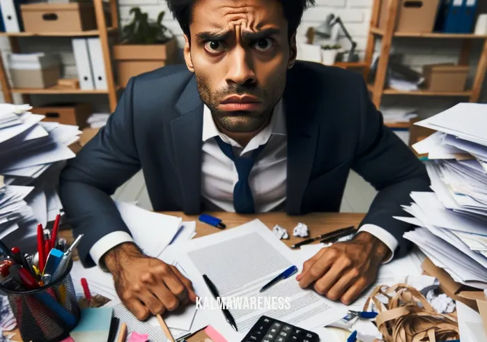 5 senses method shifting _ Image: A person furrowing their brows, struggling to concentrate amidst the chaos. Image description: A frustrated individual at the cluttered desk, trying to focus but visibly struggling.